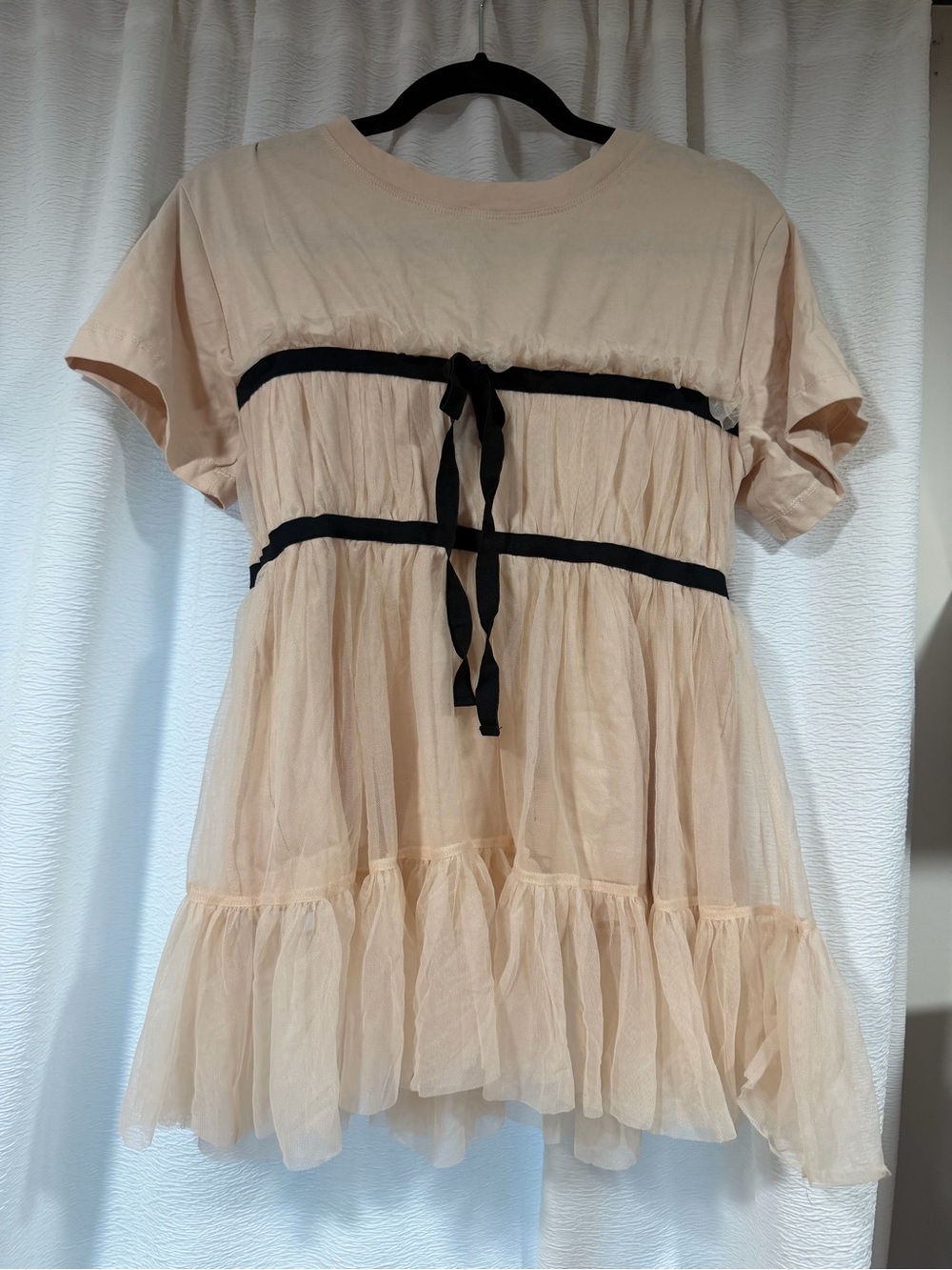 Anthropologie Blush Short-Sleeve Tulle Tiered Top with Black Ribbon
